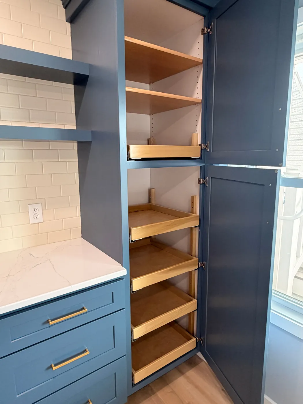 Custom Pull Out Pantry Blue Cabinetry Kitchen Storage