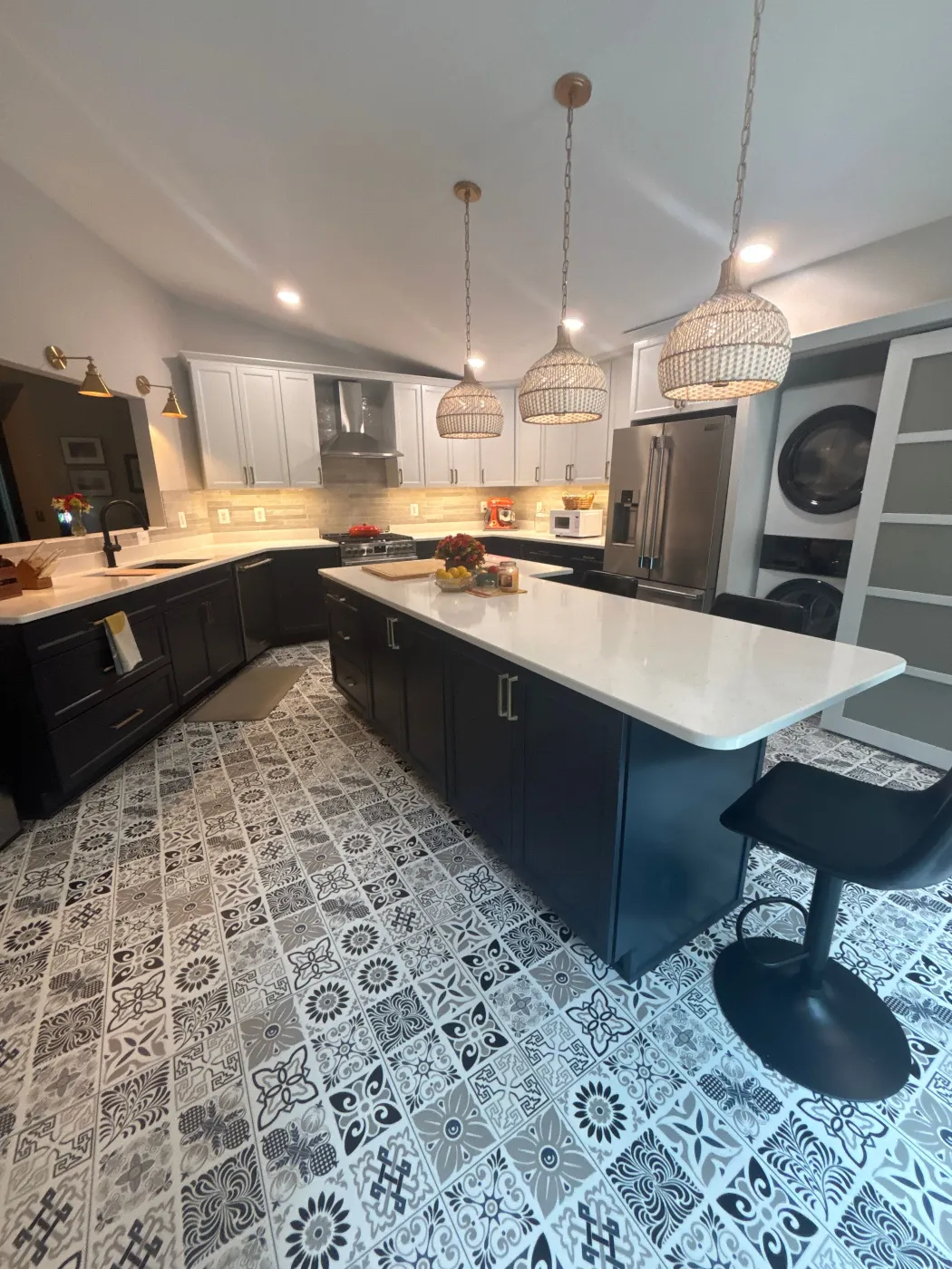 Custom Kitchen Remodel in Ocean View Delaware with Patterned Tile Flooring and Large Island