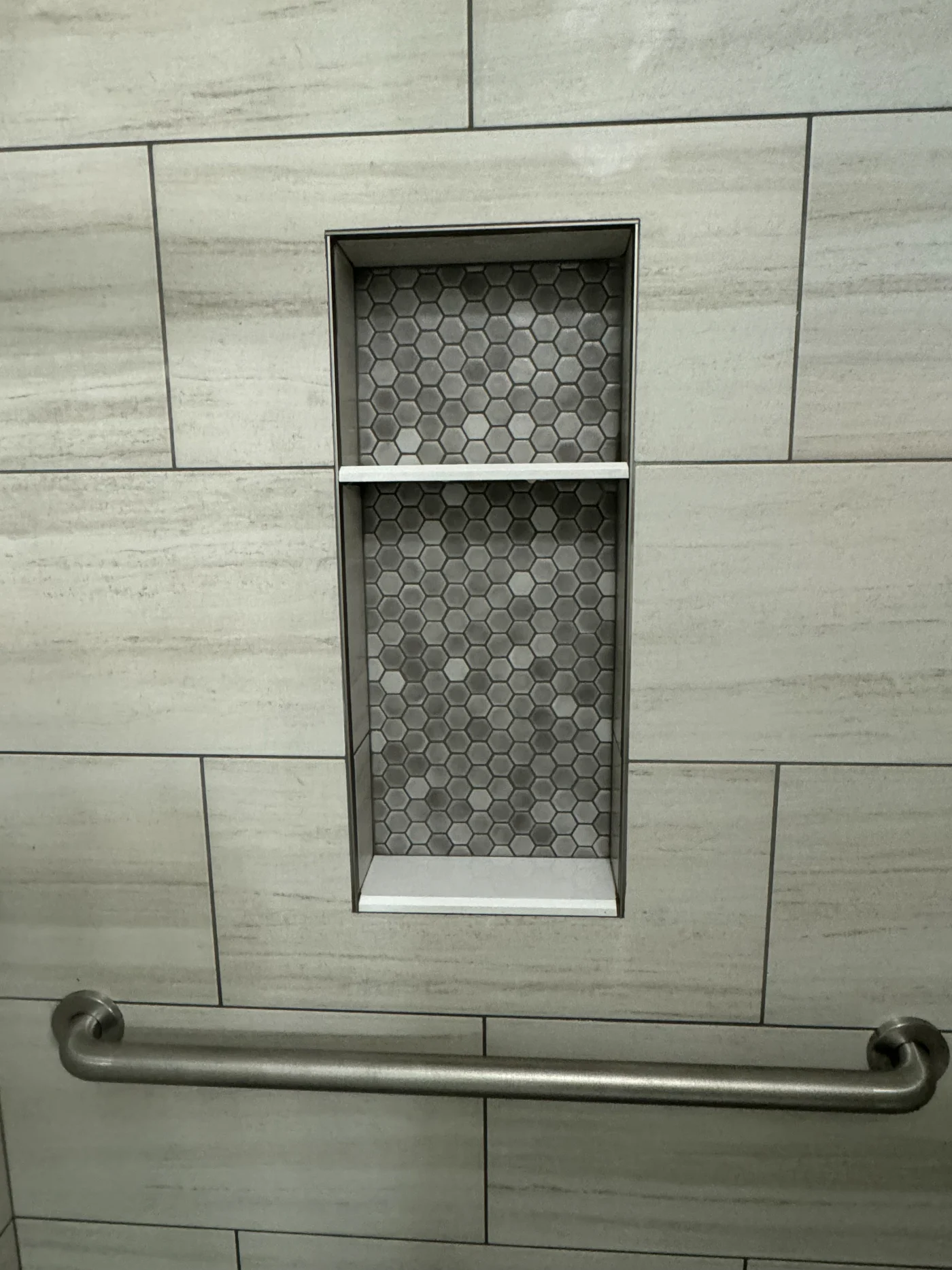 Custom Tiled Shower Niche Gray Hexagon Insert Bathroom Remodel Salisbury Md