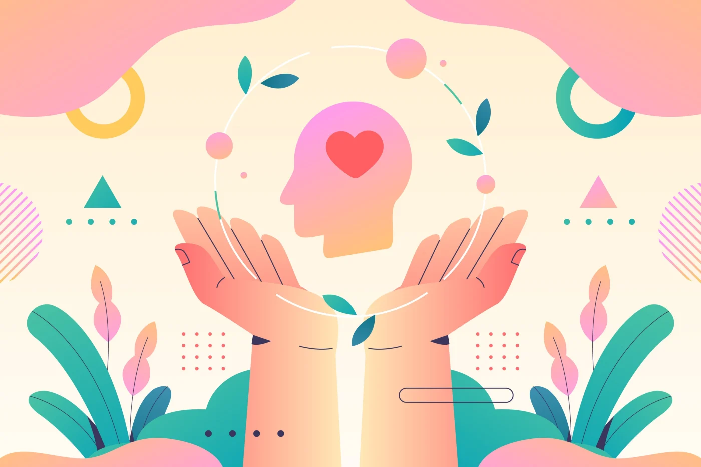Mast Contracting Core Values – Compassion For Customers A large colorful vector image showing hands with a head in the middle with a heart inside signifying showing compassion for interior remodeling customers.
