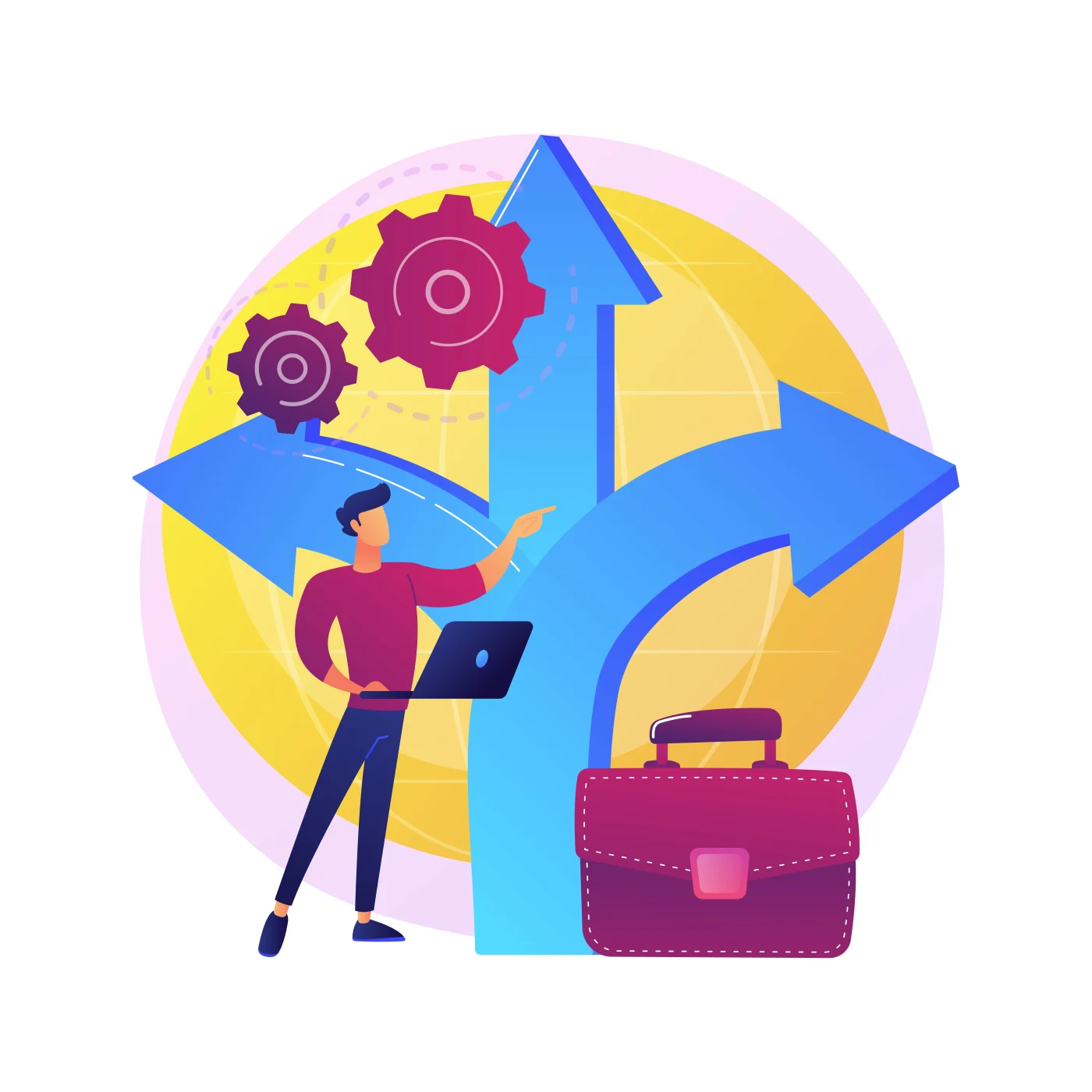 Mast Contracting Core Values – Full Accountability An animated colorful vector image with a man next to a briefcase and some sprockets and three directional arrows going in different directions, signifying accountability.
