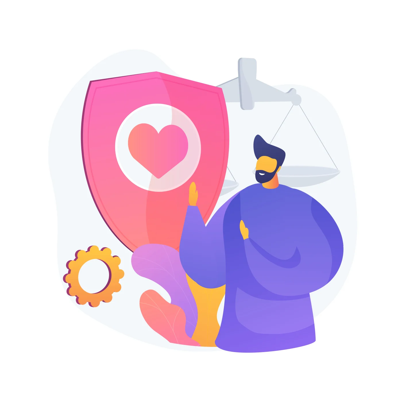 Mast Contracting Core Values – Trustworthiness A colorful vector image showing a man next to a heart shield and a weight scale signifying trustworthiness.