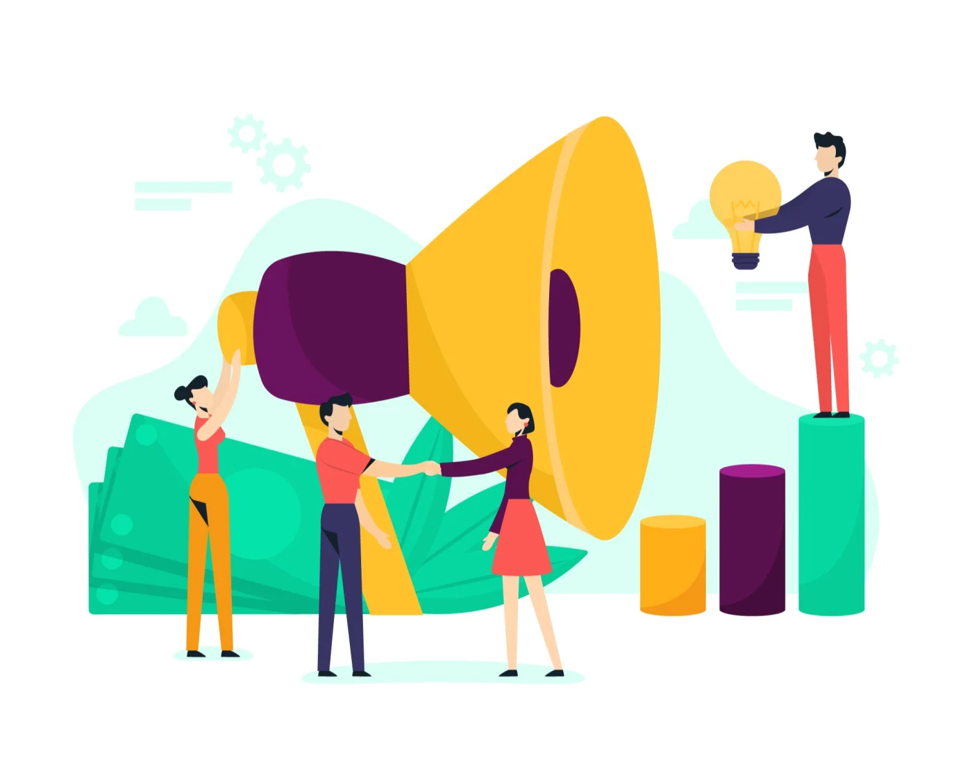 Mast Contracting Core Values – Customer Advocacy A colorful vector image with three people around a large megaphone and other objects to signify consumer advocacy.