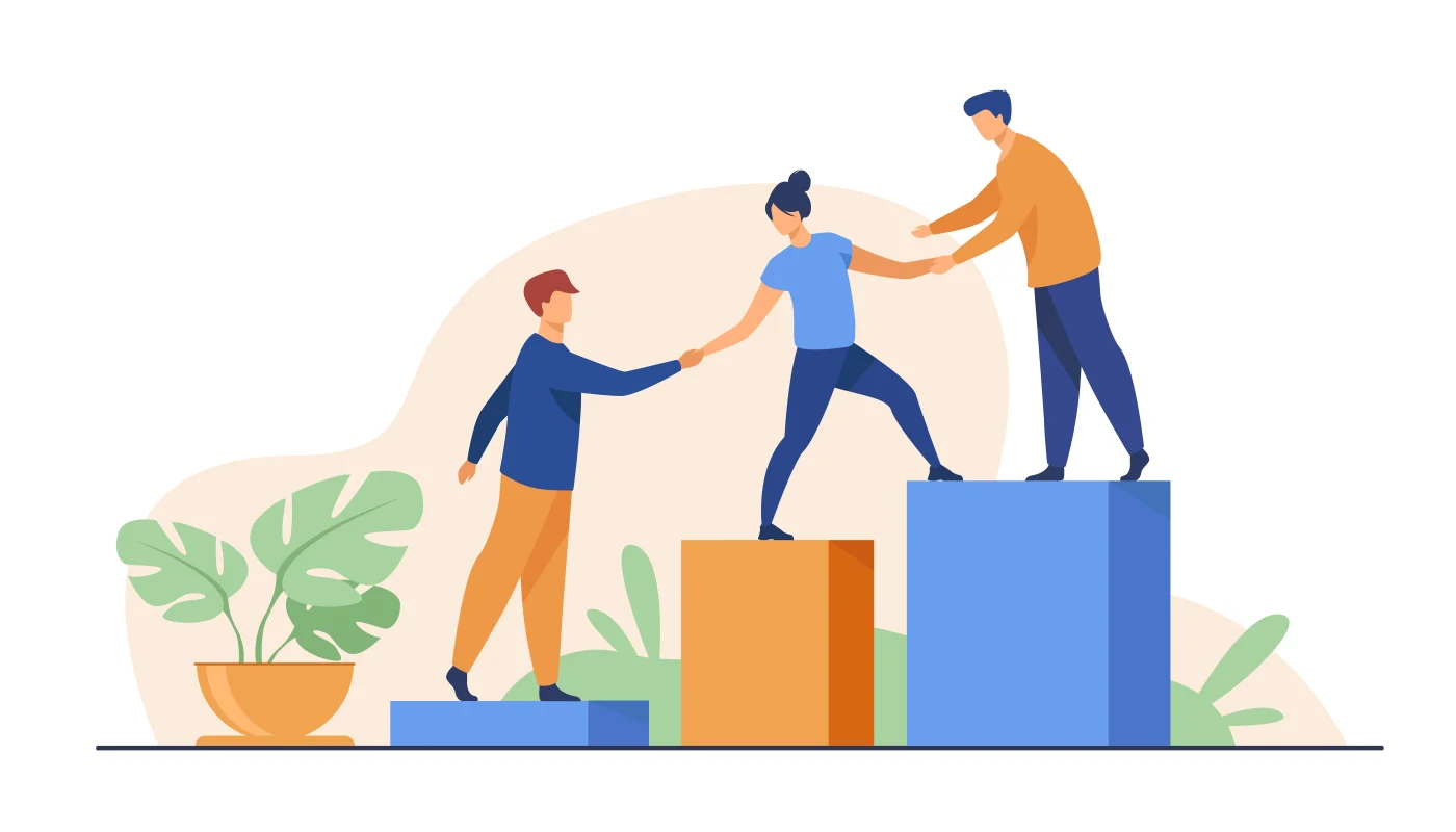 Mast Contracting Core Values – Honesty & Integrity A colorful vector image showing three people helping eachother get onto some steps, signifying honesty and integrity.