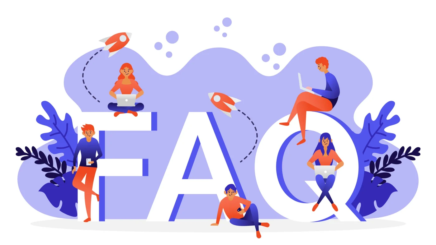 Mast Contracting Frequently Asked Questions & Answers A colorful animated concept with a blue background and the letters F, A, and Q, with smiling characters placed around and within them, some sitting with laptops, one standing with a cup of coffee, and one holding a smartphone.