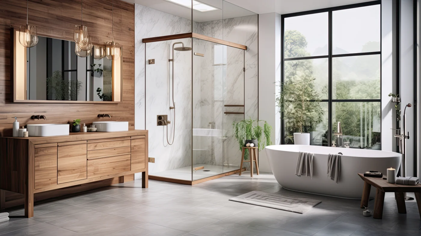 Spacious Bathroom With A Freestanding Tub And Glass Shower, Featuring Wooden Cabinets And White Tile. Spacious Bathroom With A Freestanding Tub And Glass Shower, Featuring Wooden Cabinets And White Tile.