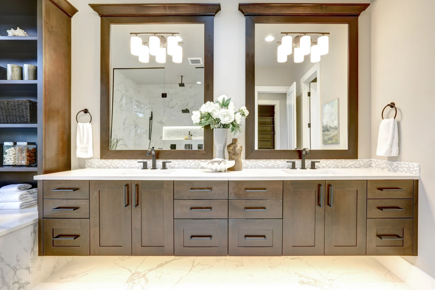Master Bathroom Interior In Luxury Modern Home With Dark Hardwood Cabinets, White Tub And Glass Door Shower Master Bathroom Interior In Luxury Modern Home With Dark Hardwood Cabinets, White Tub And Glass Door Shower