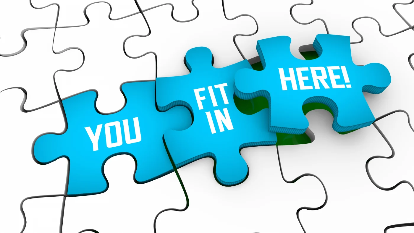 Close view of a grid full of interlocking white puzzle pieces, with three aquamarine pieces in the middle, reading in order “You,” “Fit In,” “Here!” The Here! piece is just falling into place.