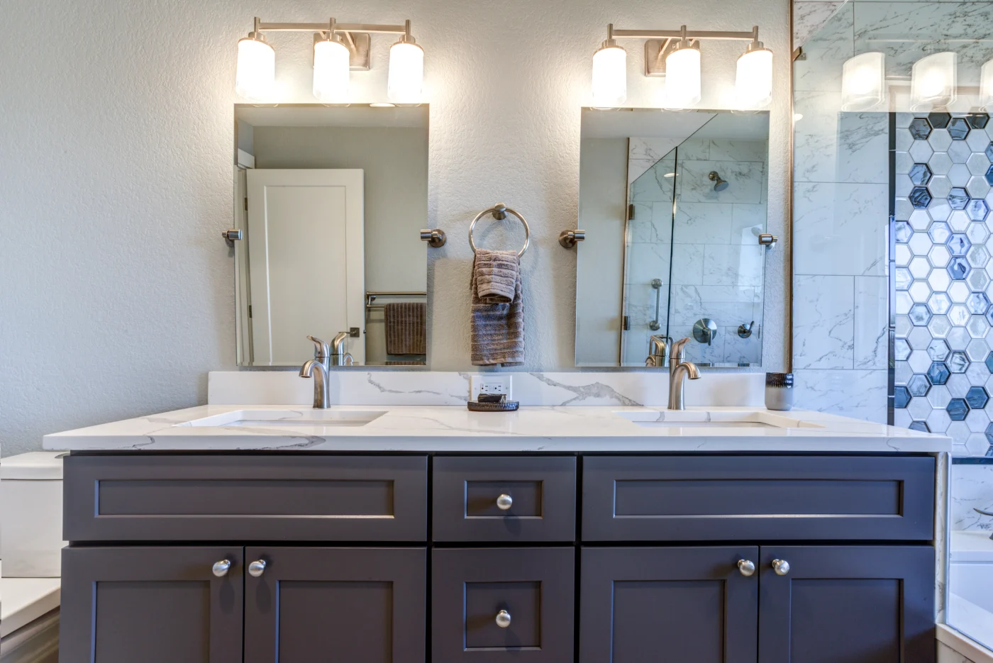 Luxury Bathroom Interior With Blue Dual Washstand. Luxury bathroom with vanity with double sinks