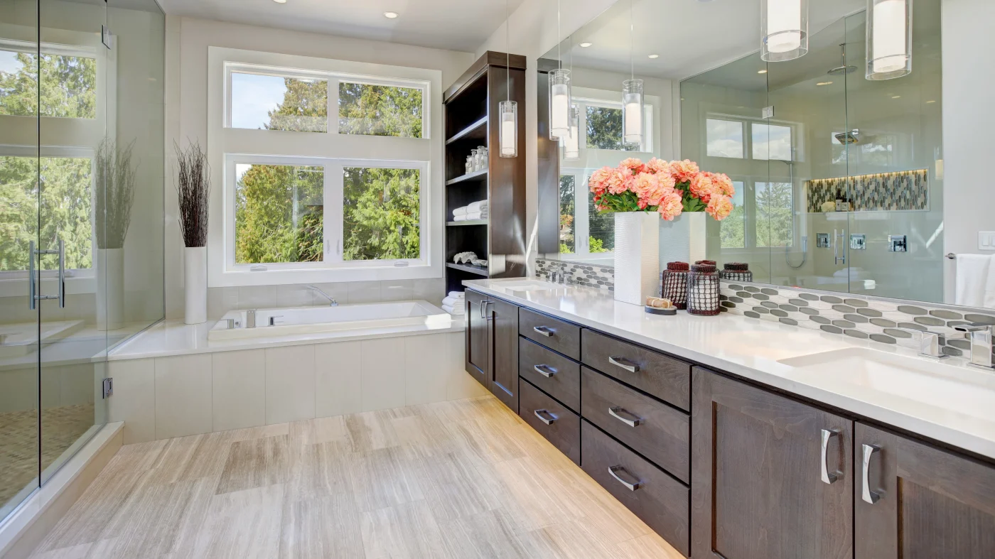 Beautiful new bathroom remodel with new vinyl flooring and vanity space