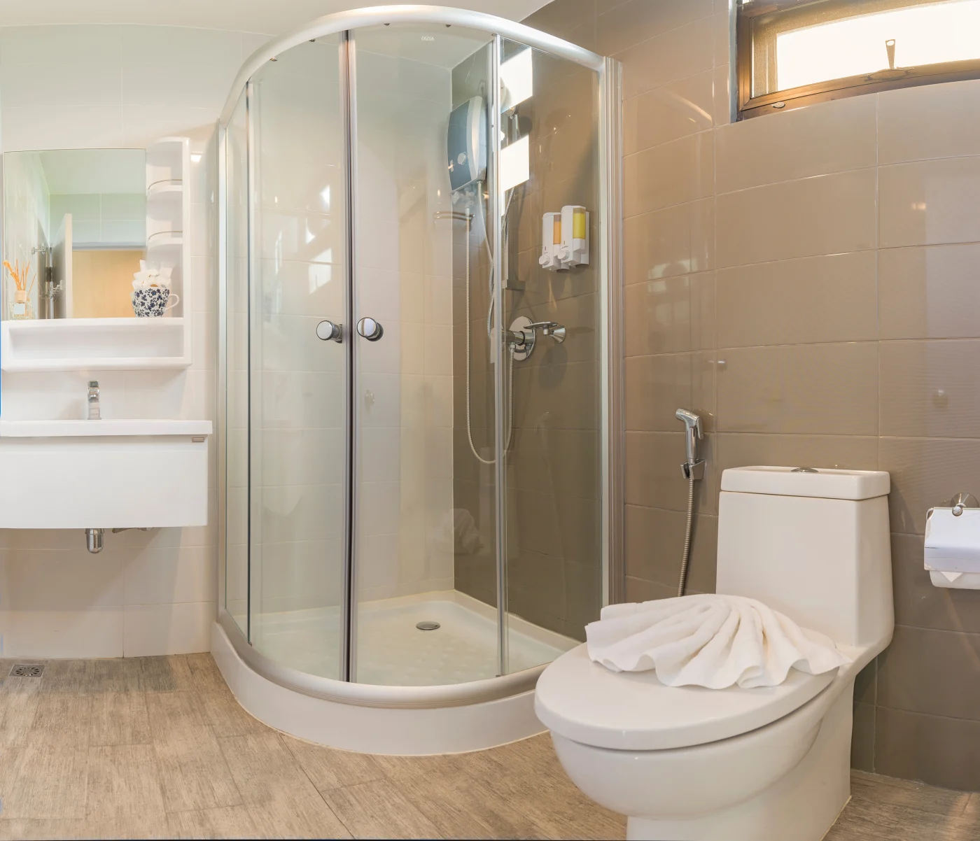 Sector Corner Standing Shower Cabin Bathroom Interior Decoration Corner shower with glass walls in remodeled bathroom