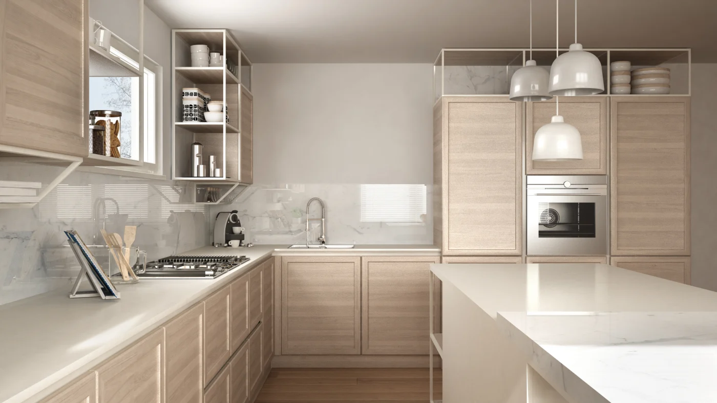 Kitchen with natural wood looking cabinets and white countertops