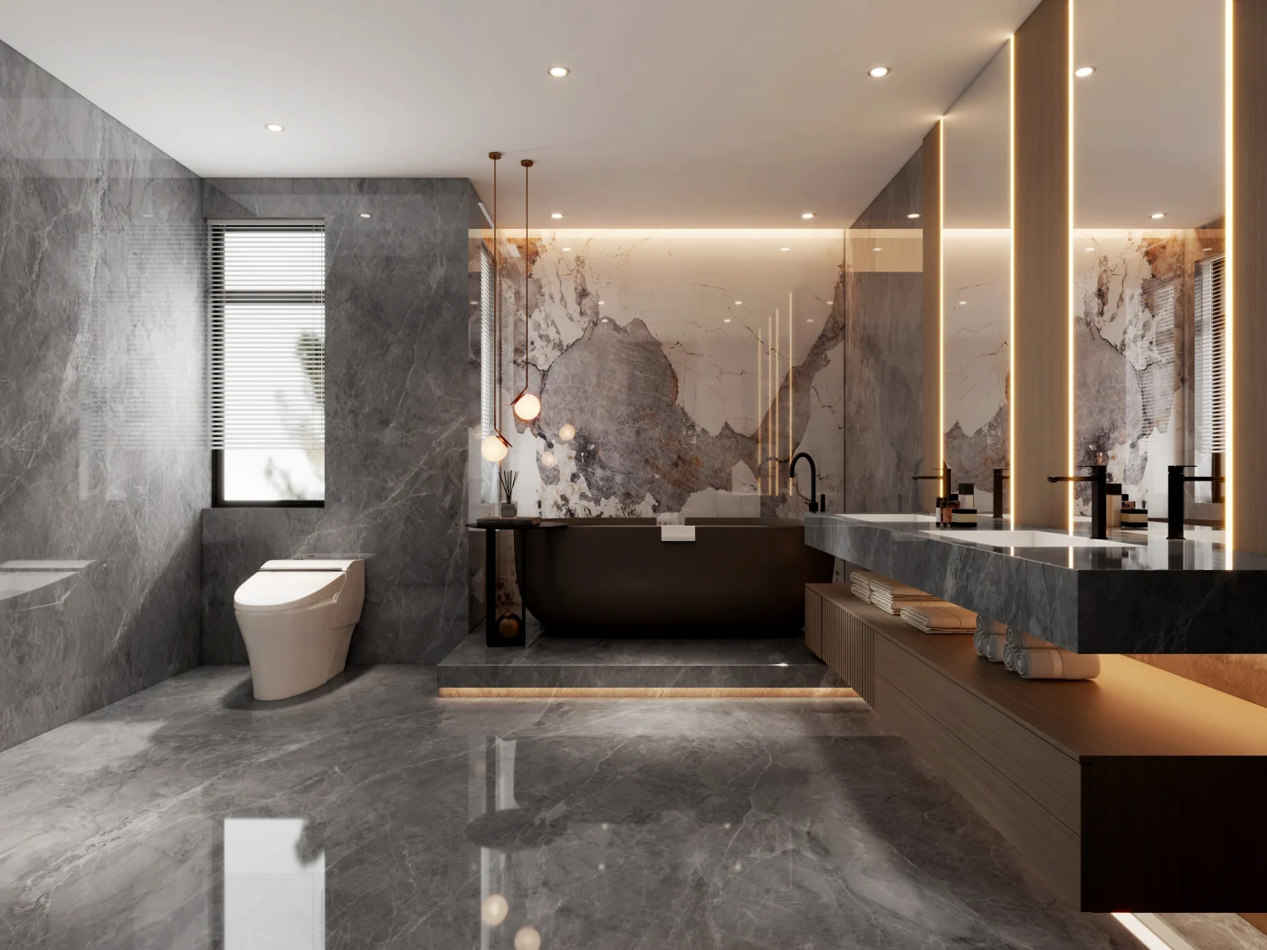 A dark gray bathroom with modern touches such as floating shelves and gorgeous lighting.