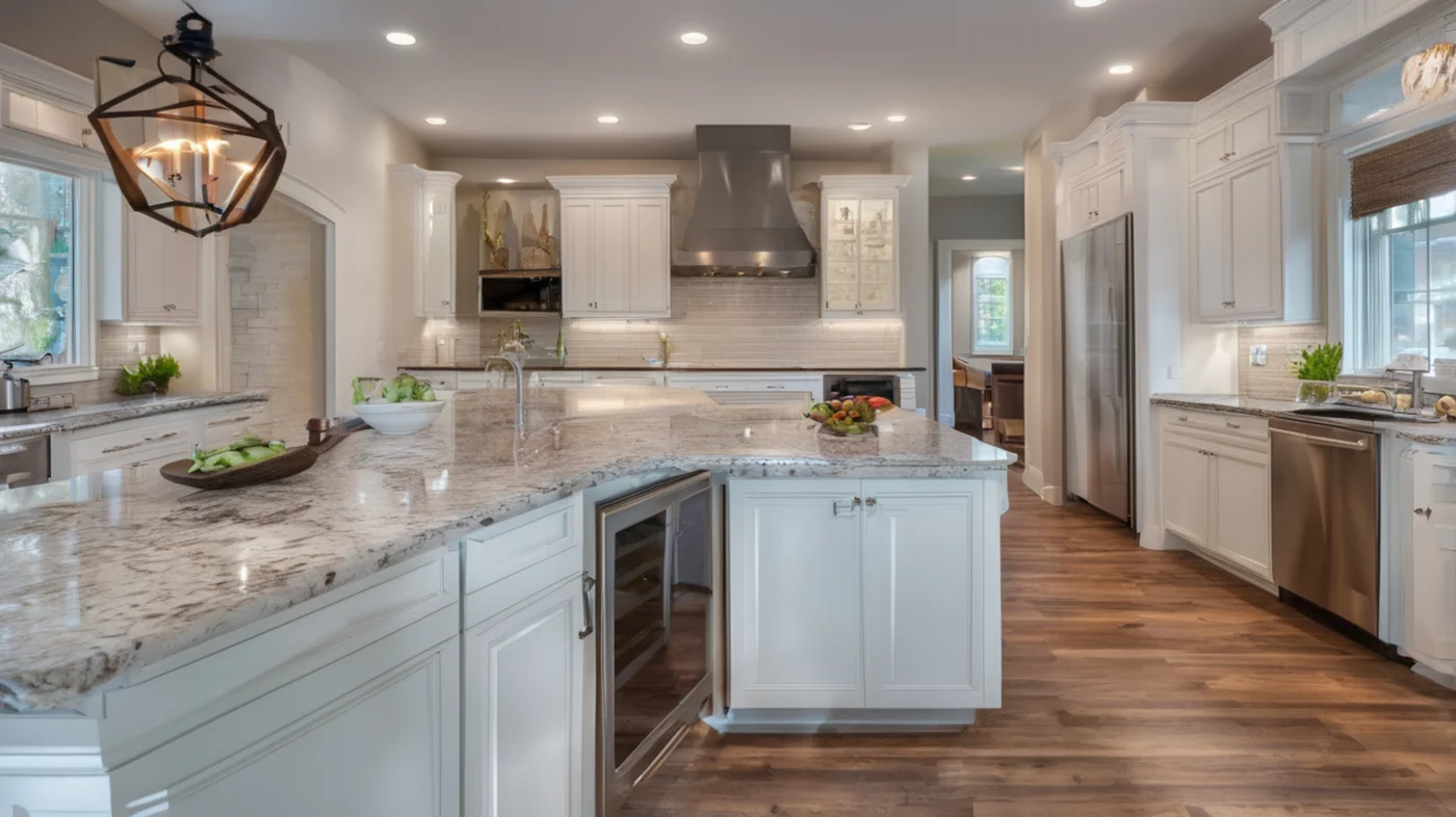 Goorgeous Kitchen Remodeling | Frankford, DE | Mast Contracting A spacious modern kitchen featuring white cabinetry, stainless steel appliances, and wide granite countertops.