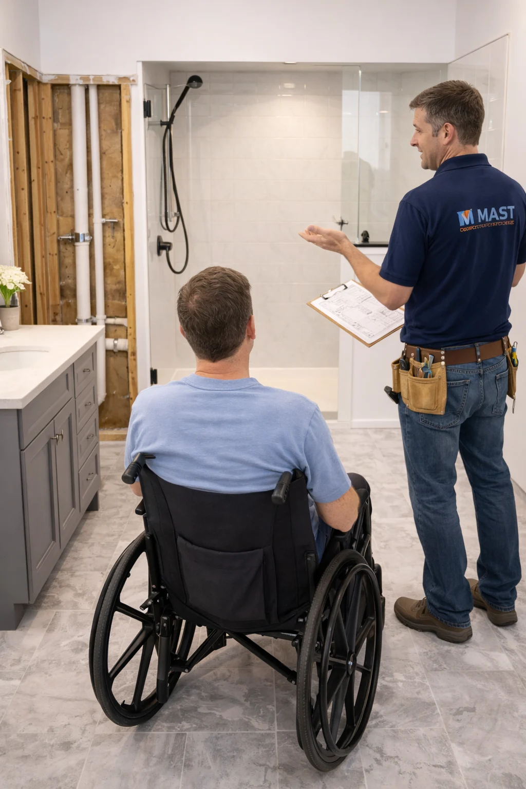 Personalized Approach Tailored To You Bethany Beach De Mast Contracting A bathroom remodeler from Mast Contracting speaks with a homeowner about planned changes, focusing on accessibility needs in a Bethany Beach, DE bathroom