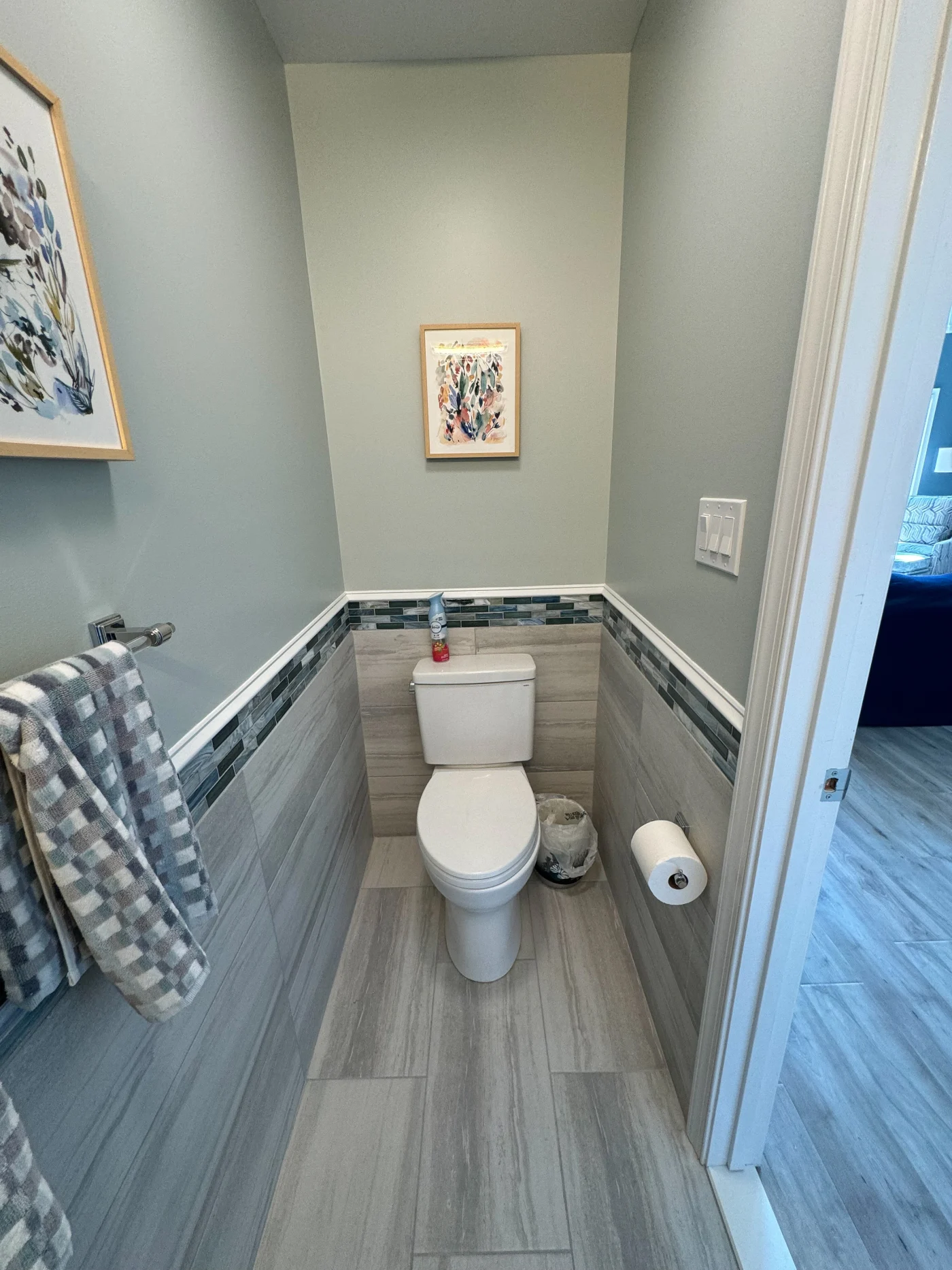 Gorgeous Bathroom Remodel Bethany Beach De Mast Contracting Modern powder room with a white toilet, light gray floor and wall tile, mosaic accent border, soft green upper walls, and framed artwork