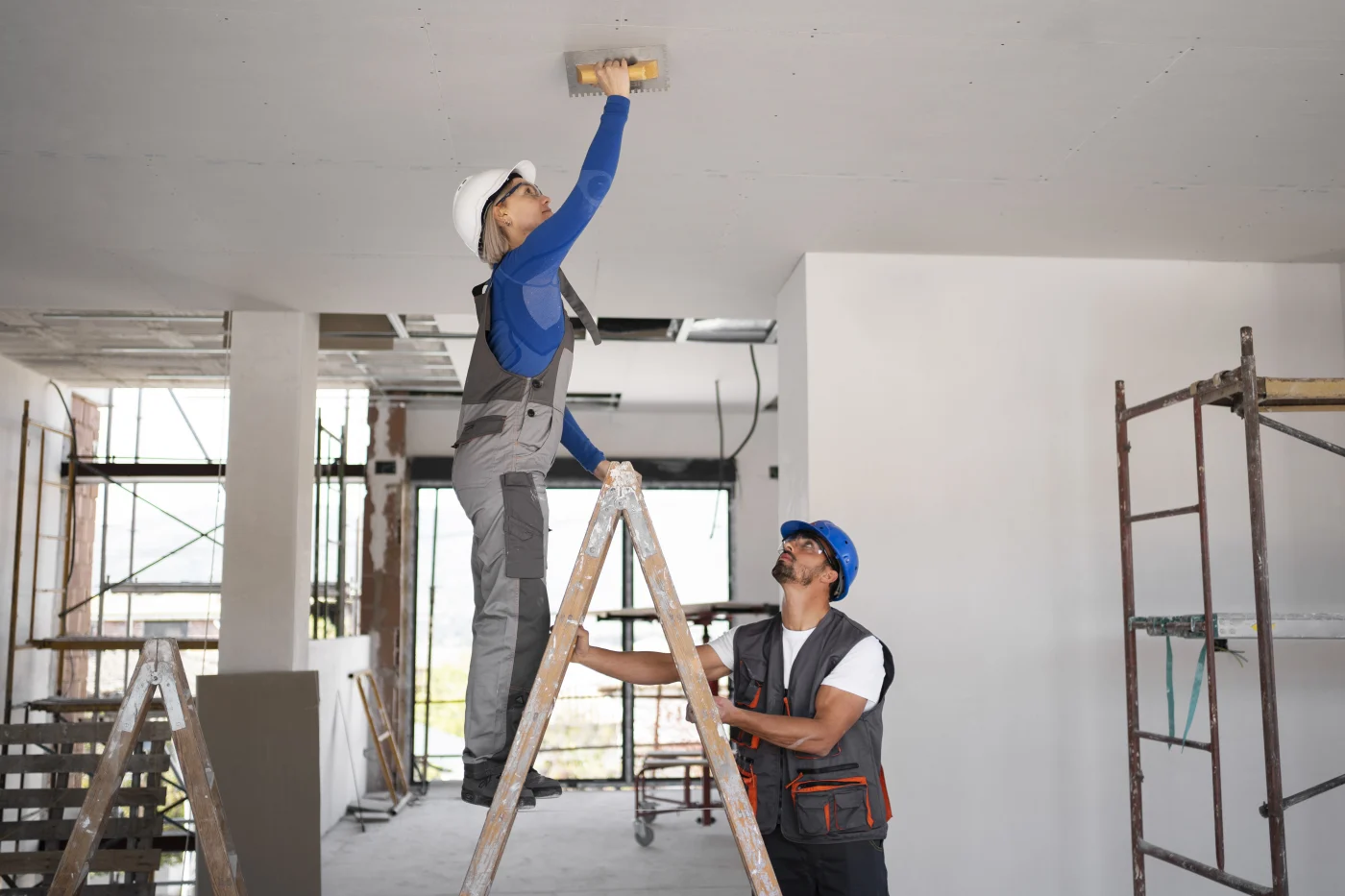 Comprehensive Interior Remodeling In West Ocean City, MD |Mast Contracting A woman wearing a blue shirt and a hardhat stands halfway up a ladder as she reaches above her head to spread drywall mud over the ceiling while a dark haired man stands on the floor and looks on. Behind them, the large, open room is under construction with visible beams and scaffolding in front of large, bright windows.