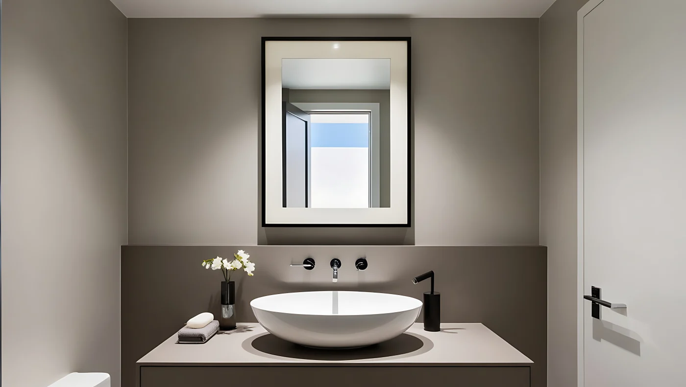 Necessary 5 Day Bathroom Remodel Ocean View, DE | Mast Contracting A black-framed mirror hangs on a light gray wall over a white, bowl-shaped sink. The sink is atop a taupe colored counter, and the faucet and handles are mounted on the wall behind the bowl. There are a few decorative items like towels and a vase on the counter,
