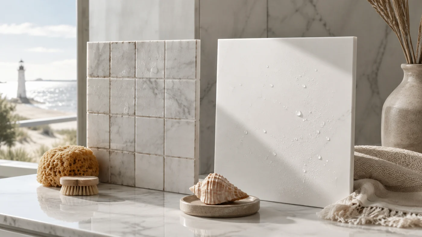 Choosing Materials For Your Bathroom Remodel | Lewes, DE | Mast Contracting Solid surface shower panel beside tile and grout samples, symbolizing practical bathroom remodeling material choices.